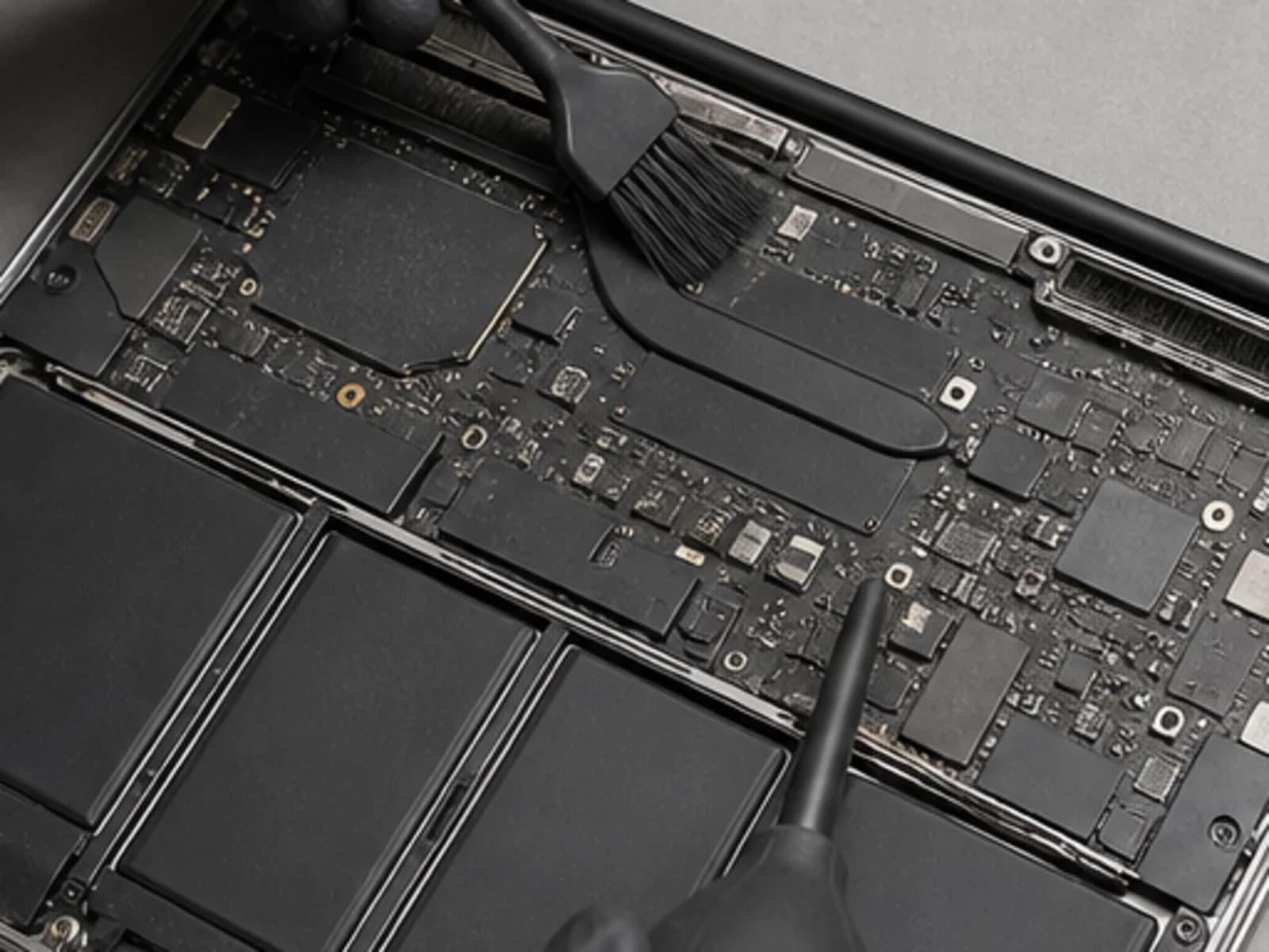Очистка компонентов MacBook Air M2 антистатической кистью